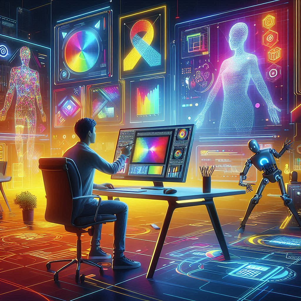 Futuristic illustration of a graphic designer interacting with artificial intelligence tools in a modern workspace, with digital screens displaying automated design projects.