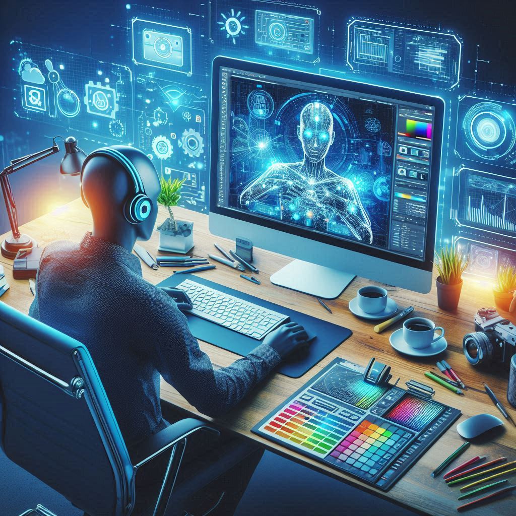 Image representing the transformation of graphic design with the use of artificial intelligence. Shows a designer using AI-based tools to edit and enhance images.