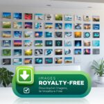 A modern digital gallery showcasing various thumbnails of royalty-free images, including landscapes, technology, and creative designs, accompanied by a highlighted download button.