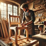 A skilled woodworker crafting a wooden chair in a cozy workshop illuminated by sunlight.